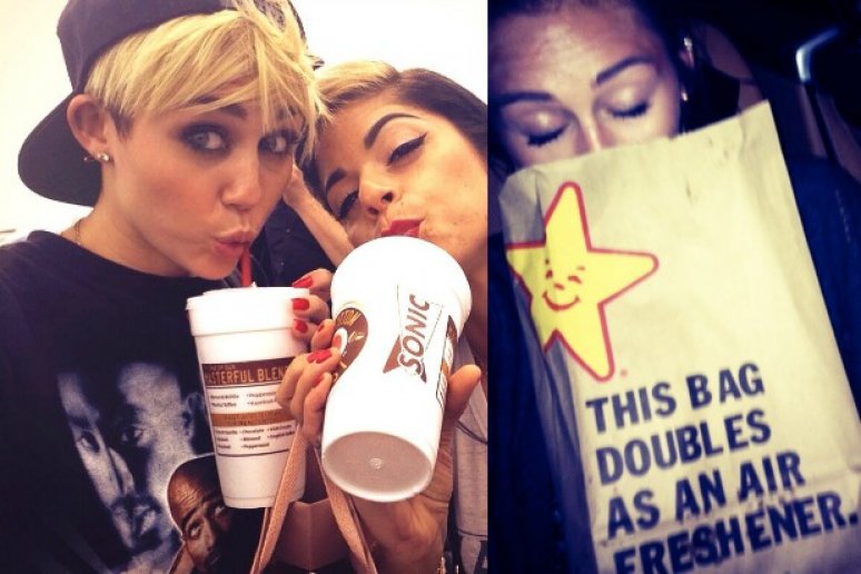 Miley Cyrus com amigos e fast food